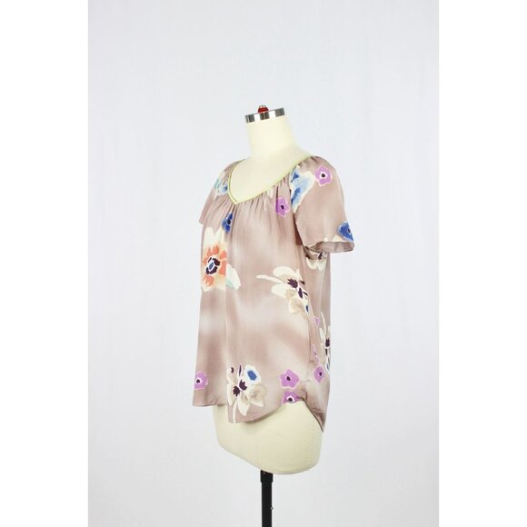 REBECCA TAYLOR Mauve Floral Print Silk Crepe V-Neck Blouse Top, Size 0 - Picture 4 of 11